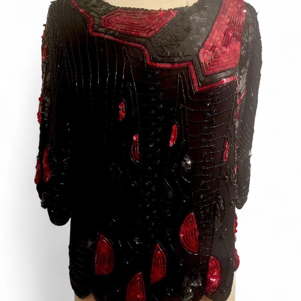 Vtg black red beaded sequined geometric Gatsby art deco design scalloped edges
